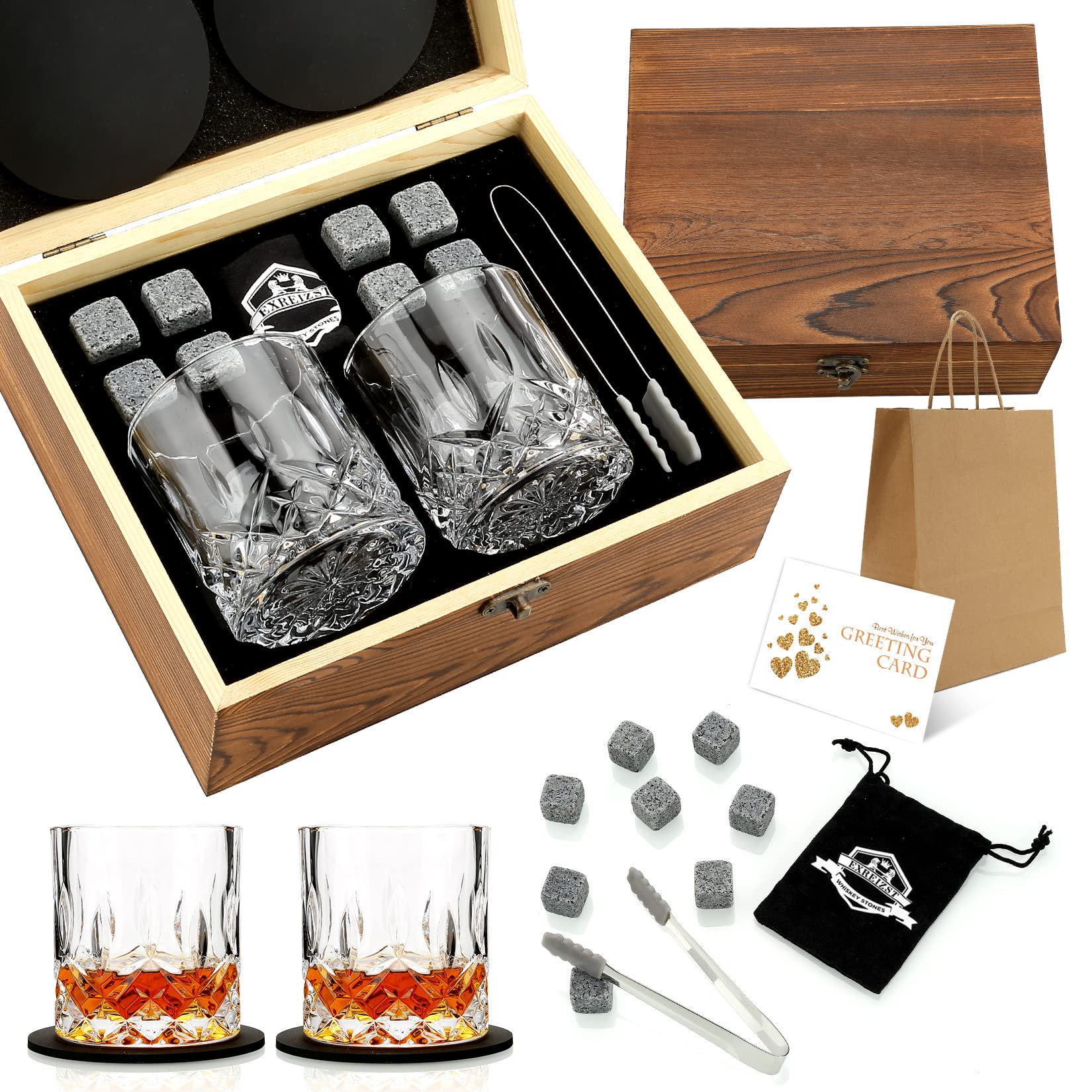Whiskey Stones, Whiskey Glass Gift Set, Whisky Rocks Chilling Stones in Handmade Wooden Box– Cool Without Dilution – Whisky Glasses Set of 2, Gift for Dad, Husband, Men (Round1)