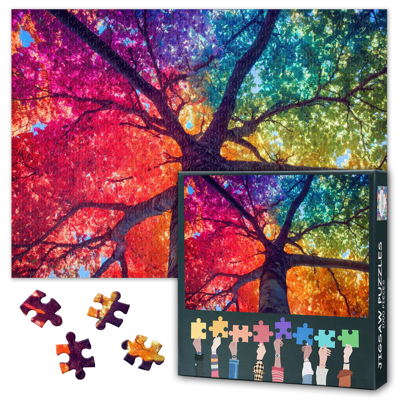 Rainbow Colored Tree Jigsaw Puzzle 1000 Pieces for Adults Autumn Landscape Puzzle Majestic Fall Foliage Vibrant Leaves Nature Scene Relaxing Challenging Activity 27.5x19.7 Inch