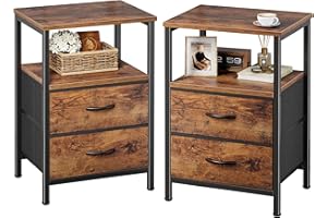 Huuger Night Stand Set of 2, Nightstand with 2 Drawers, Bed Side Table with Open Shelf, Wooden Top, End Table, Fabric Drawer, for Bedroom, Rustic Brown