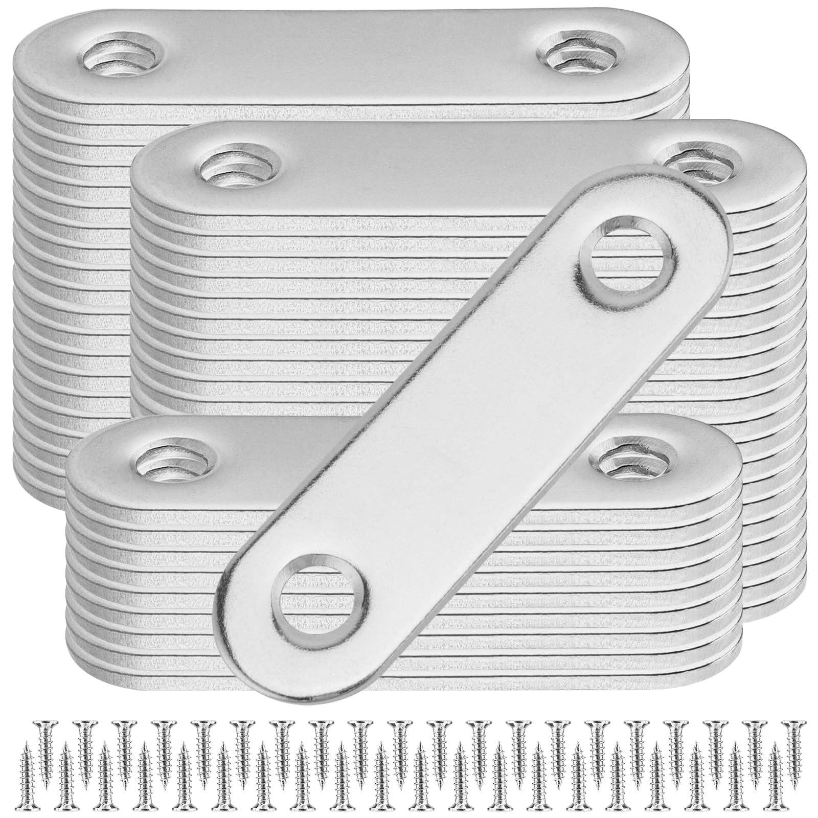 FUNSUEI 50 PCS Stainless Steel Flat Brackets - 56mm/2.2inch Small Metal Brackets Flat Straight Mounting, Metal Connector Plates with Screws Flat Corner Brace Plates for Wooden Furniture Fixing