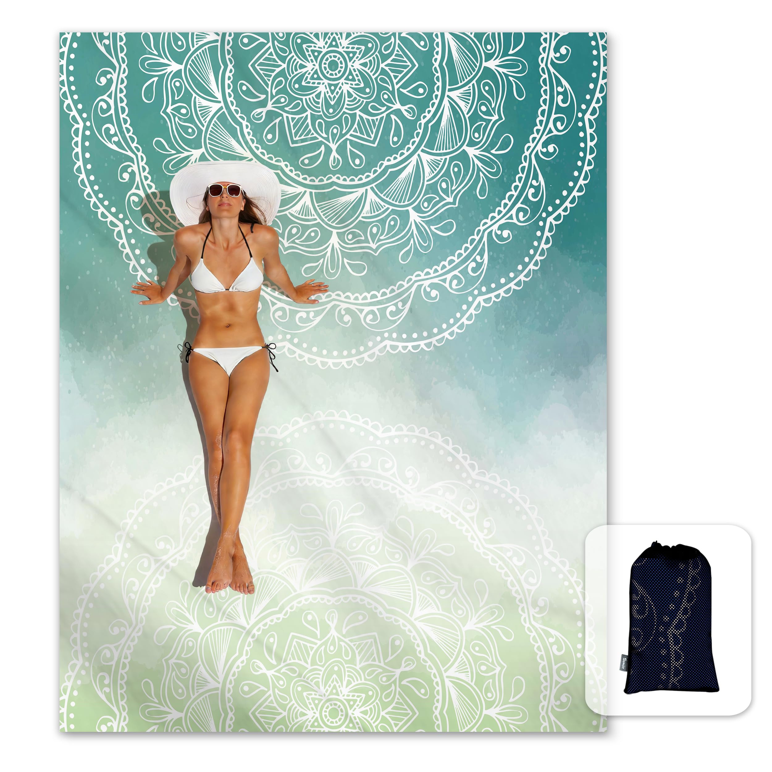 Sunlit Silky Soft 106"x81" Boho Sand Proof Beach Blanket Sand Proof Mat with Corner Pockets and Mesh Bag for Beach Party, Travel, Camping and Outdoor Music Festival, Tiffany Green Mandala