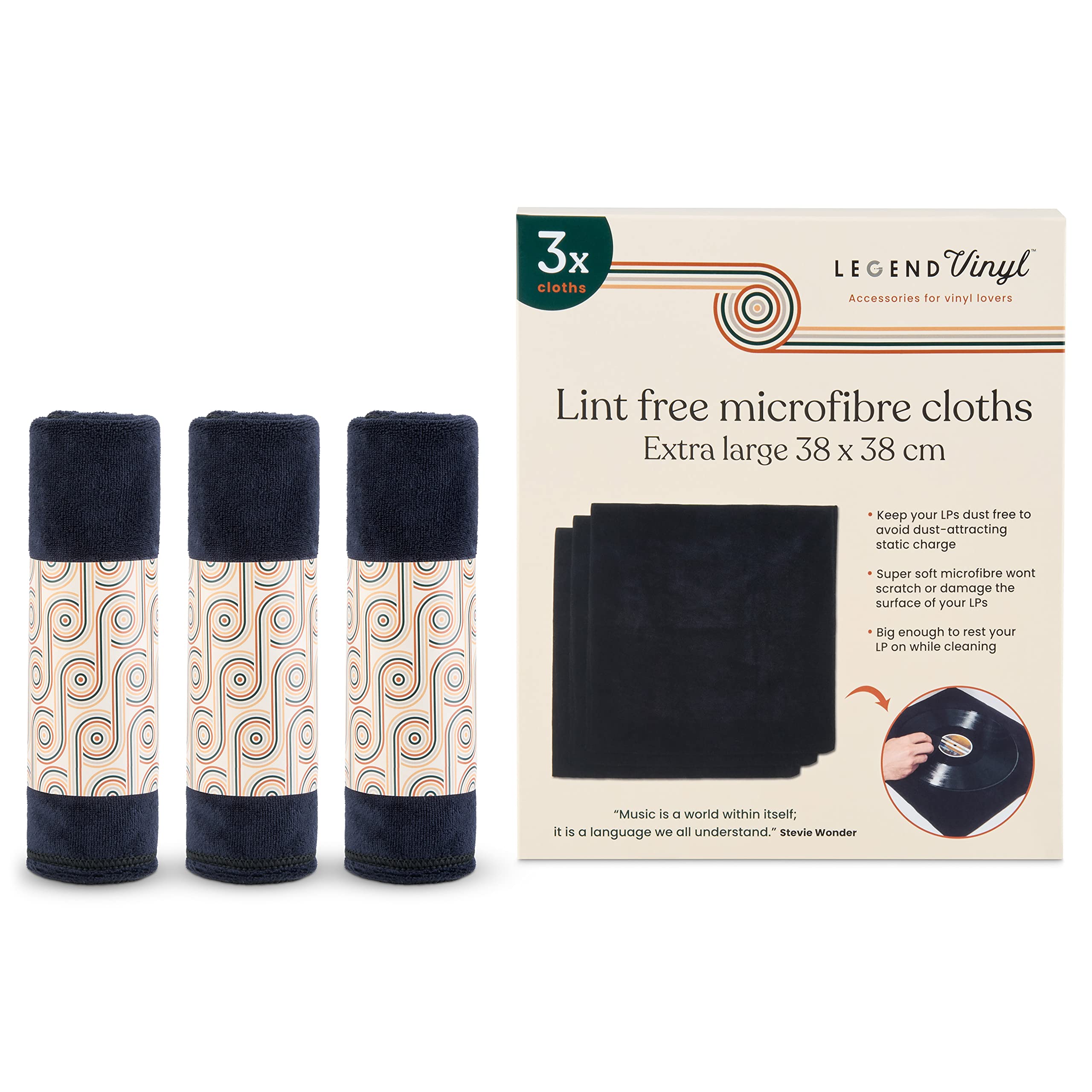 Legend Vinyl Pack of 3 Extra Large Anti-static Vinyl Record Cleaning Cloth - 38cm X 38cm Microfibre Cleaning Cloth - Lint Free - Perfect for Placing Your Vinyl on Whilst Cleaning