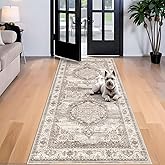 Washable 4x8 Hallway Area Rug: Vintage 8ft Water Resistant Soft Runner Rug for Entry Kitchen Non Slip Wide Low Pile Carpet for Living Room Bedroom Thin Floor Mat for Bathroom Dining Room(Beige,4x8)