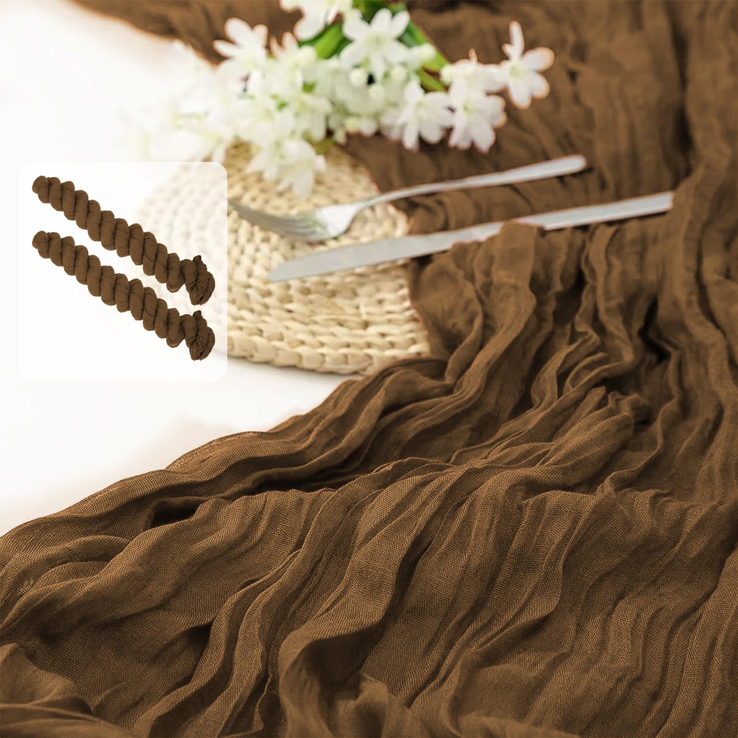 Photo 1 of 2 Pack 10 Ft Cheesecloth Table Runner Dark Brown Gauze Long Table Runners Boho Gauze Cheese Cloth Table Runner Rustic Sheer Runner for Wedding Party Table Decor ( 35 x 120 Inch )