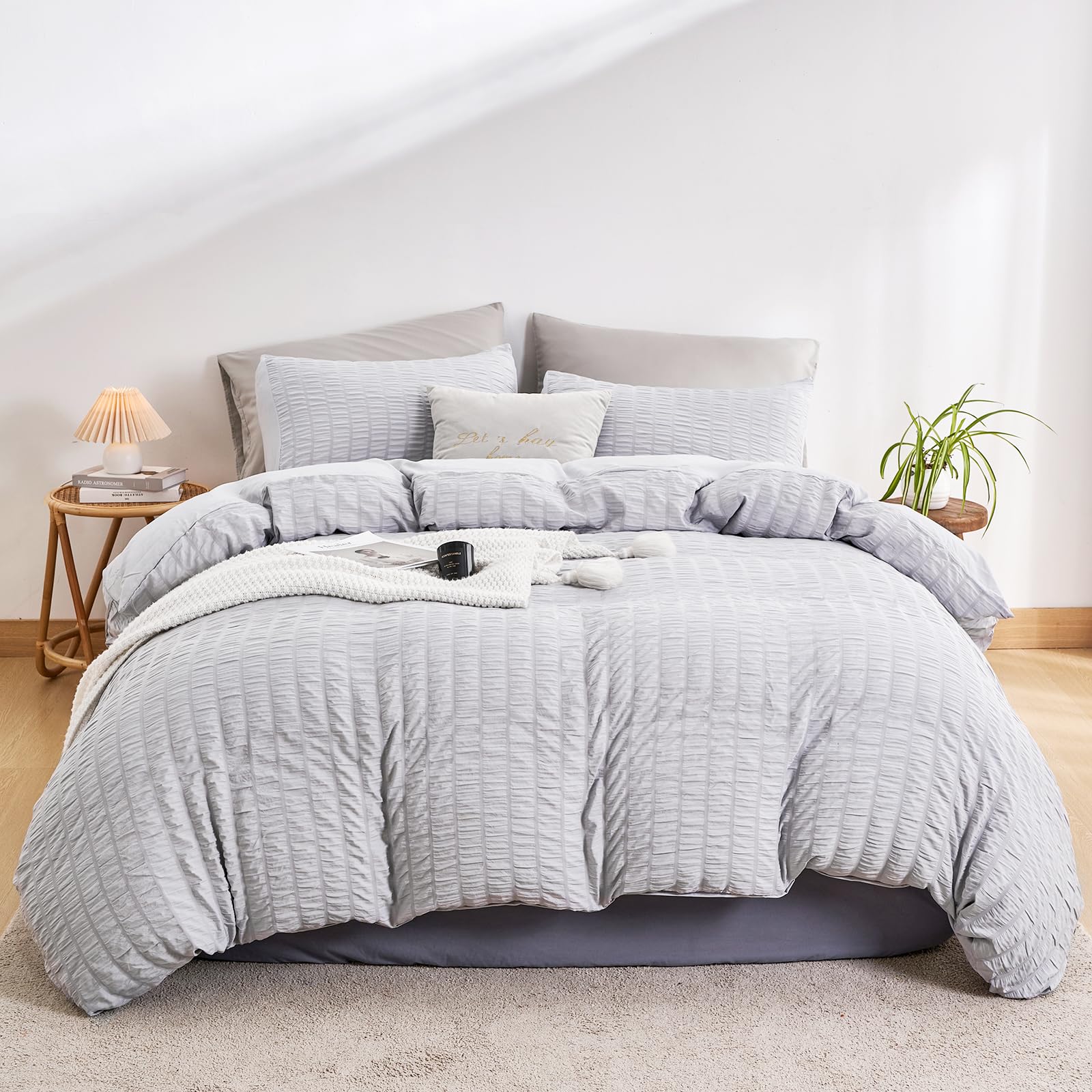 DuShow Double Duvet Cover Set Gray,Seersucker Duvet Cover Double,Textured Duvet Cover with 2 Pillowcases,Soft Breathable Bedding Set With Zipper-Light Gray,200×200cm