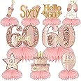 Turypaty Pink Rose Gold 60th Birthday Honeycomb Centerpieces Decorations for Women, 9Pcs Rose Gold Happy 60th Birthday Table Centerpieces Party Supplies, Sixty Year Old Birthday Table Toppers Decor