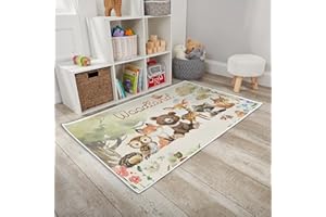 HawSkgFub Baby Toddler Boy Girl Woodland Animals Playroom Area Rug, Forest Bear Fox Deer Owl Squirrel Non Slip Nursery Play Mat Carpet, Neutral Kids Bedroom Living Room Fall Wood Decor