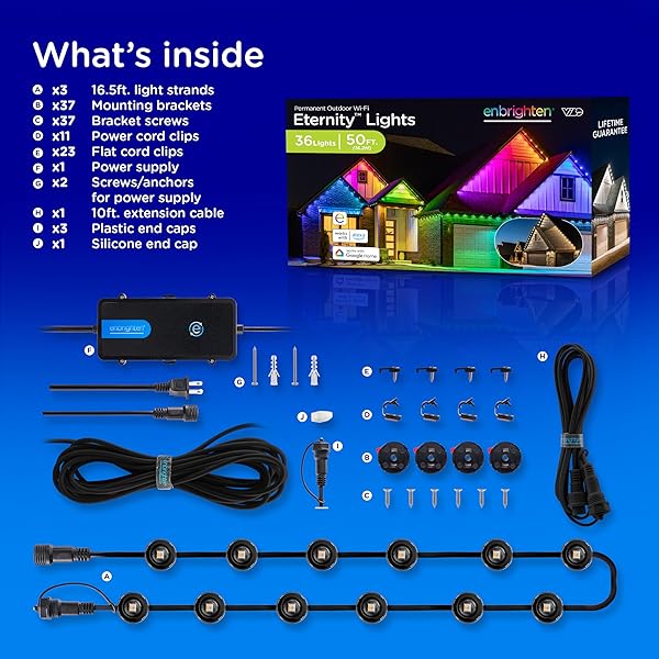 ENBRIGHTEN VIBE ETERNITY PERMANENT OUTDOOR LIGHTS FOR HOUSE, 50FT, 36 RGBWIC LEDS, CLOSE SPACING, 33LM, COLOR CHANGING, CHRISTMAS, EAVE LIGHTING, SMART APP, WORKS WITH ALEXA, GOOGLE HOME, 82730
