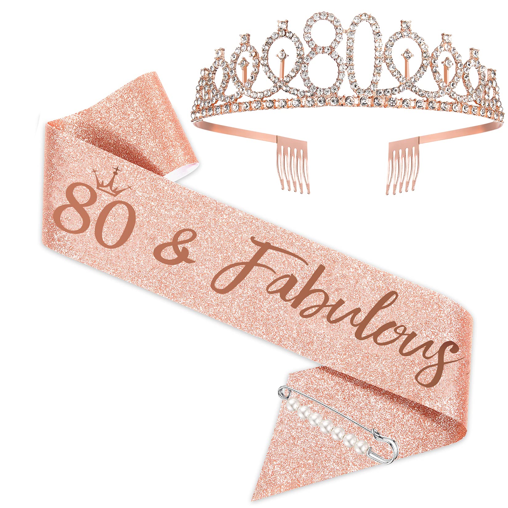 80th Birthday Sash and Tiara for Women - Rose Gold Crown & Fabulous Sash - Birthday Gifts for Party Favor Supplies