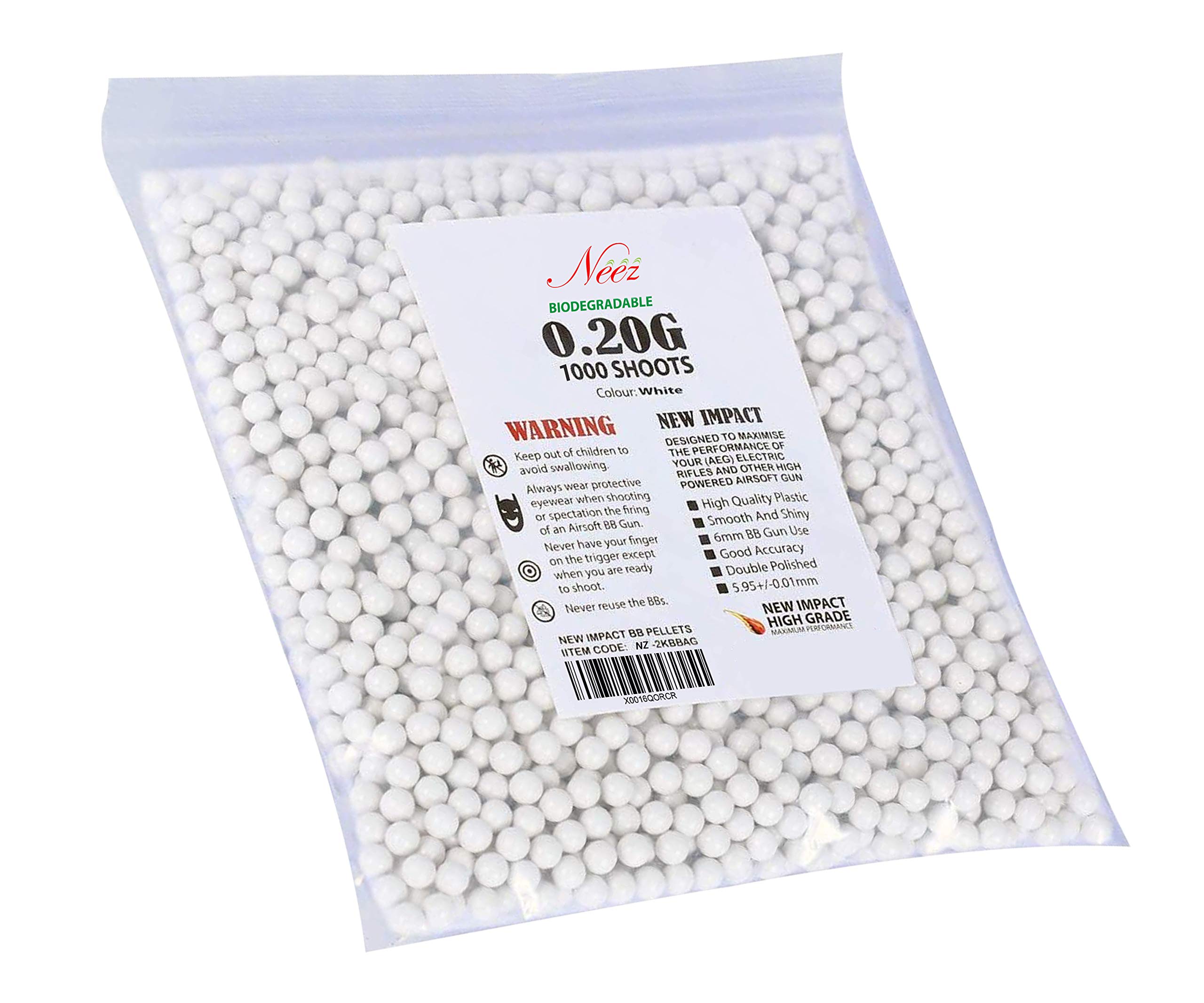 Neez 6mm BB Pellets - Biodegradable High-Grade Airsoft BBs, BB Bullets for Airsoft BB Gun, Pellet Gun, and Air Rifles - 0.20g Air Pellets (Bio White- 1000)