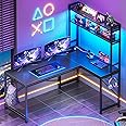 SEDETA L Shaped Gaming Desk, Reversible 45.3” Small Corner Desk with Power Outlet and LED Lights, Corner Gaming Desk with Storage Shelves, Hooks for Small Space, Black