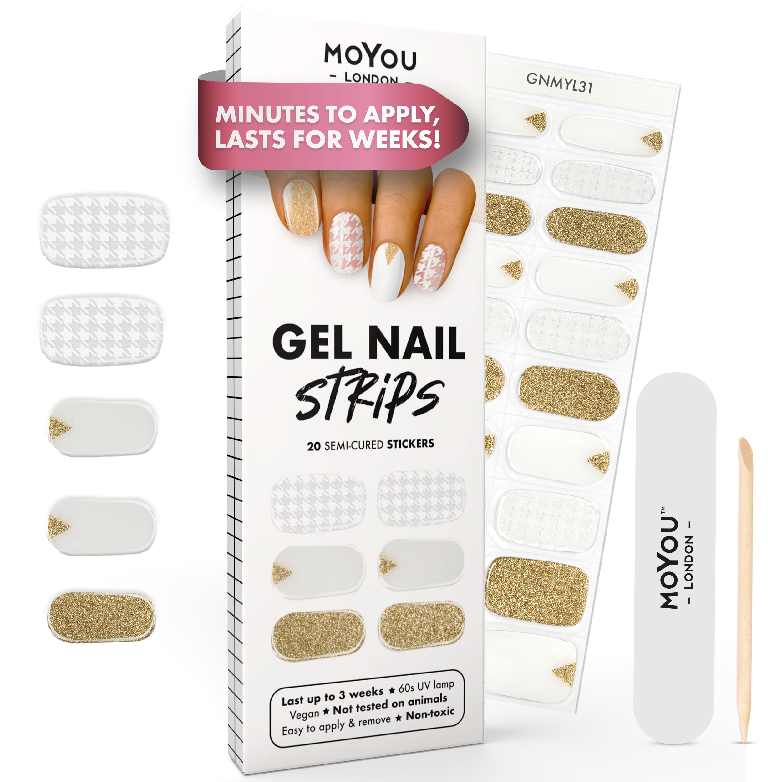 MOYOU LONDON Semi Cured Gel Nail Strips - 20 Pcs. Waterproof Gel Nail Wraps, Cures in Sunlight or UV/LED Lamp, Lasts Up to 2+ Weeks, Stretchable, Easy to Apply & Remove, Vegan & Cruelty-Free