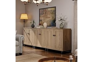 FENSULN Buffet Sideboard Cabinet Farmhouse Modern 3 in1 Storage Cabinet with Adjustable Shelves for Kitchen, Coffee Bar, Living Room, Oak