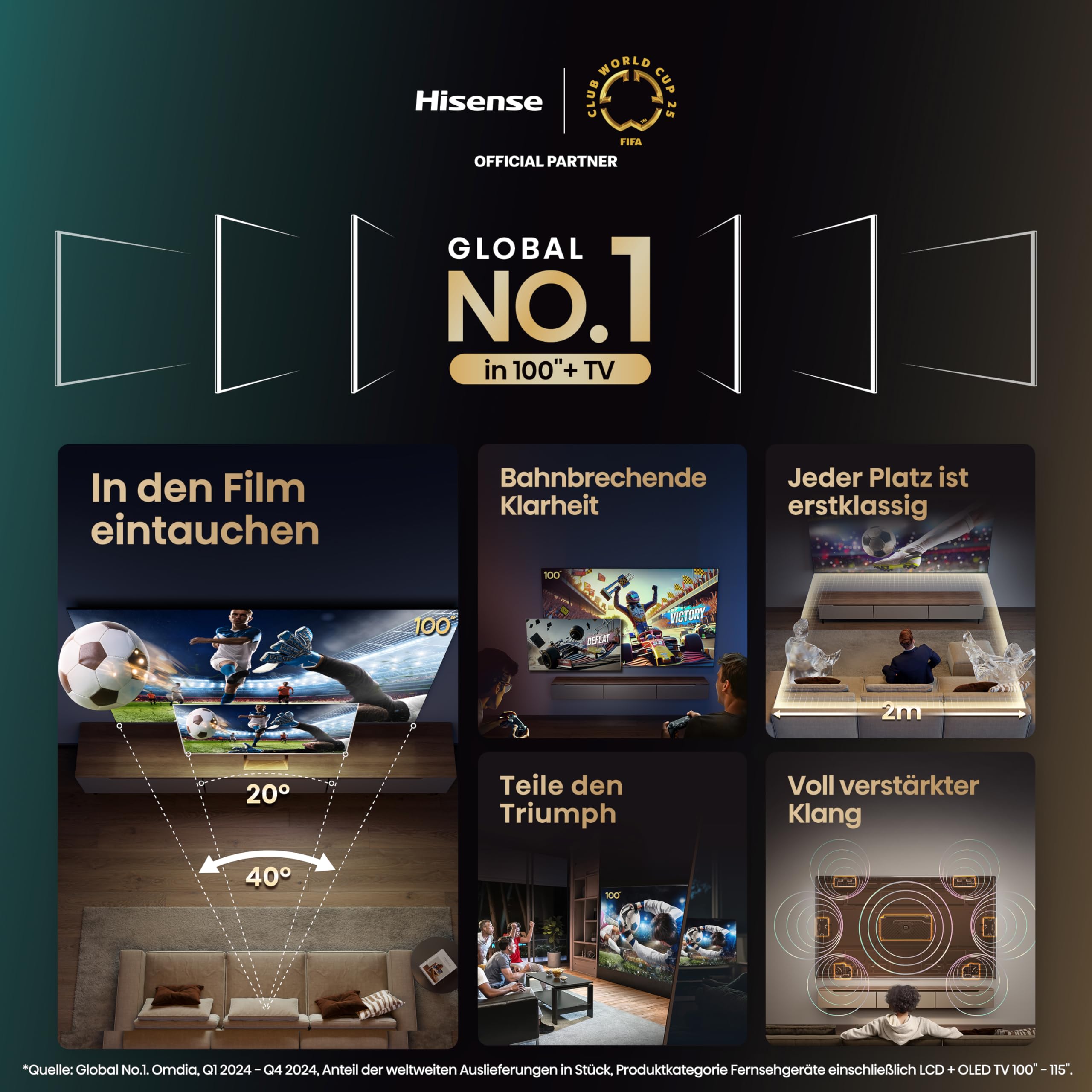 Hisense 100E7NQ 254 cm (100 Zoll) Fernseher, 4K UHD, QLED, HDR10, HDR10+ decoding, HLG, Dolby Vision Atmos, 144Hz VRR, Smooth Motion, Bluetooth, Alexa Built-in, VIDAA Voice, Schwarz [2025]