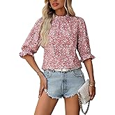 Vipwest Women's Elbow Sleeve Mock Neck Tops Women Summer Floral Blouse Business Dressy Casual Office Work