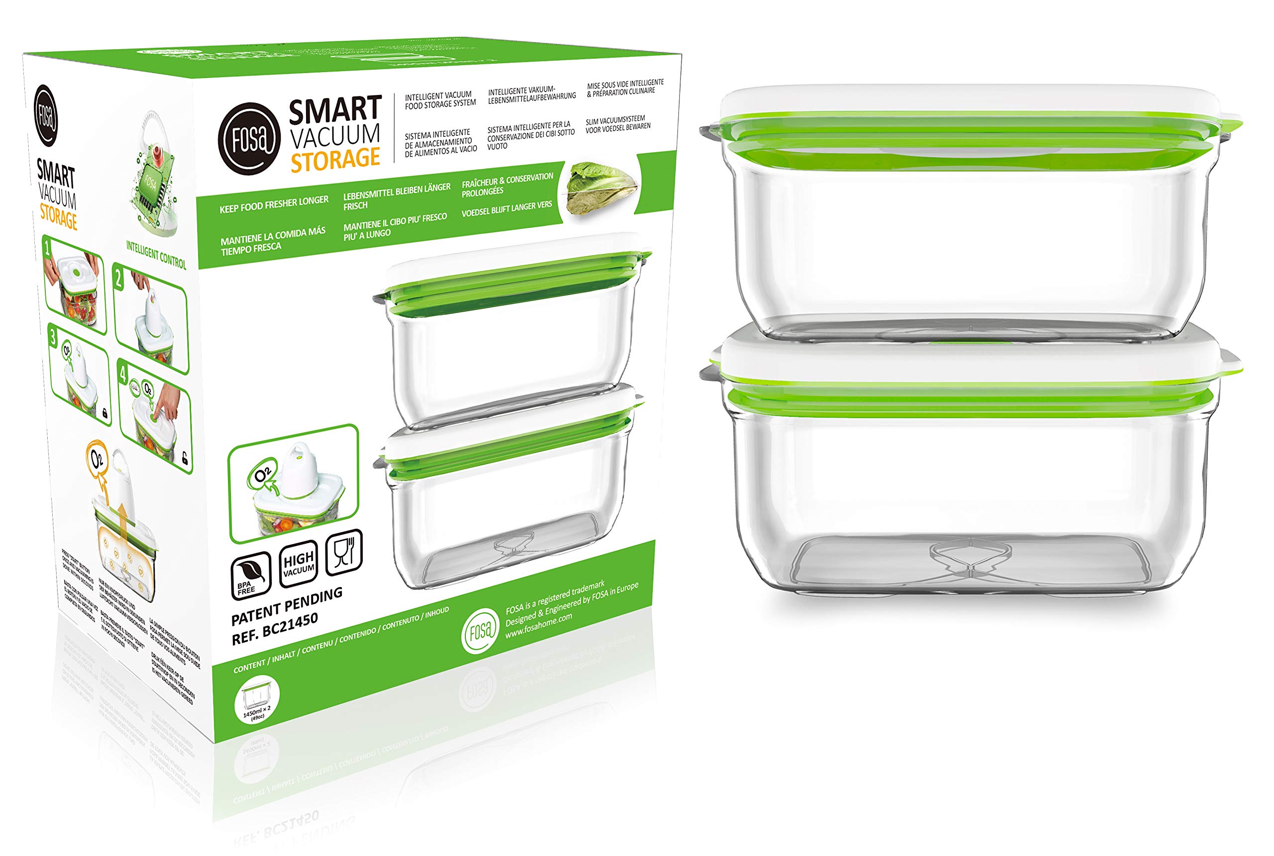 FOSA 2 x 1450ml Food Containers, Compatible with FOSA Vacuum Food Storage System, White and Green…