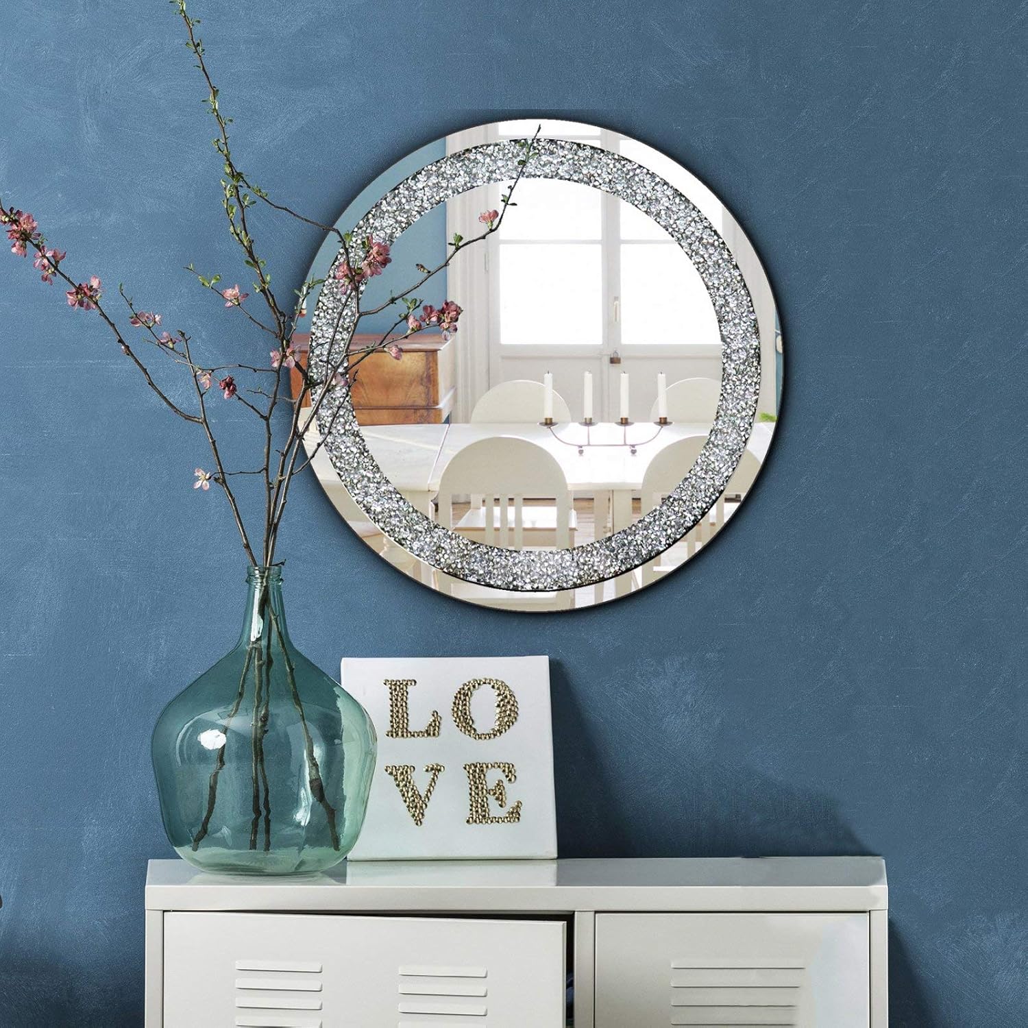 qmdecor Crystal Crush Diamond Round Silver Mirror for Wall Decoration 23.5x23.5x1 inch Wall Hang Frame Less Mirror Acrylic Diamond Décor