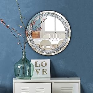 qmdecor Crystal Crush Diamond Round Silver Mirror for Wall Decoration 23.5x23.5x1 inch Wall Hang Frame Less Mirror Acrylic Diamond Décor