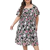 Mieshiion Plus Size Chiffon Floral Dresses for Curvy Women Casual Summer A-Line Wedding Guest Party Dress with Smocked Waist