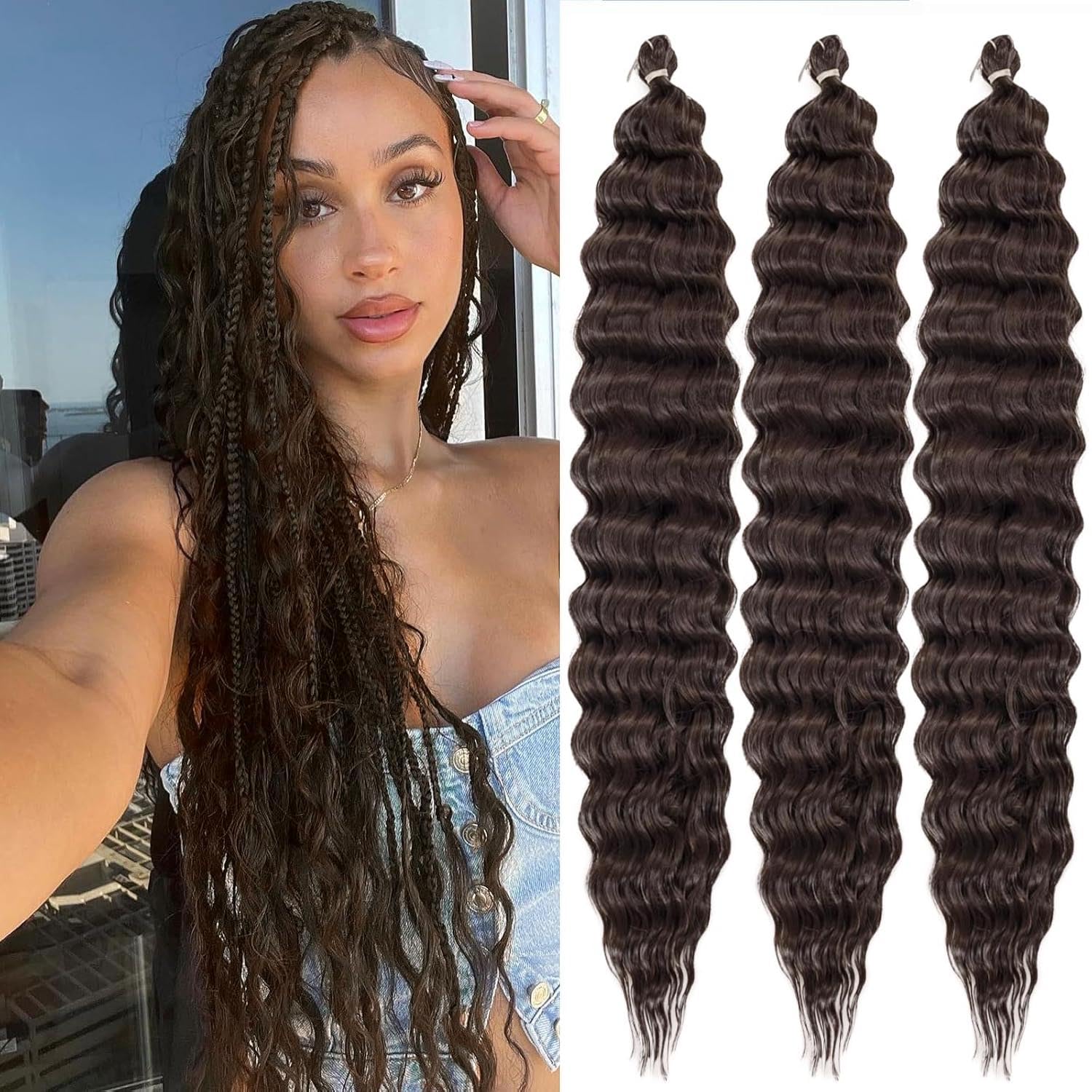 Ocean Wave Crochet Hair 3Packs Deep Wave Braiding Hair Curl Crochet Braiding Hair Extension Ocean Wave Braids Hair for women (4#, 30Inch) — image 1
