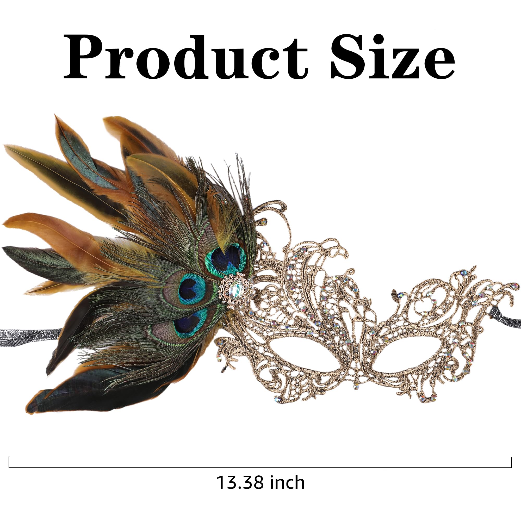 Condition photo showing New/Like New for zinniday gold masquerade masks for women - handmade 1920s peacock lace mask with removable feather 1