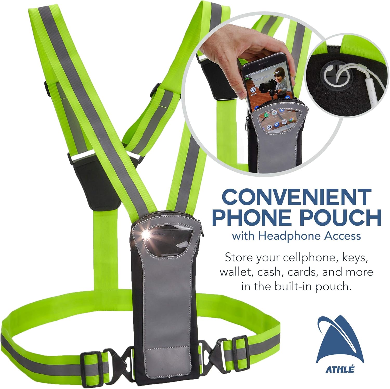 Athlé Reflective Vest with Phone and Storage Pouch, High Visibility, Adjustable Comfortable Stretch Waist Belt - for Safe Running, Jogging, Dog Walking, Biking and More : Sports & Outdoors