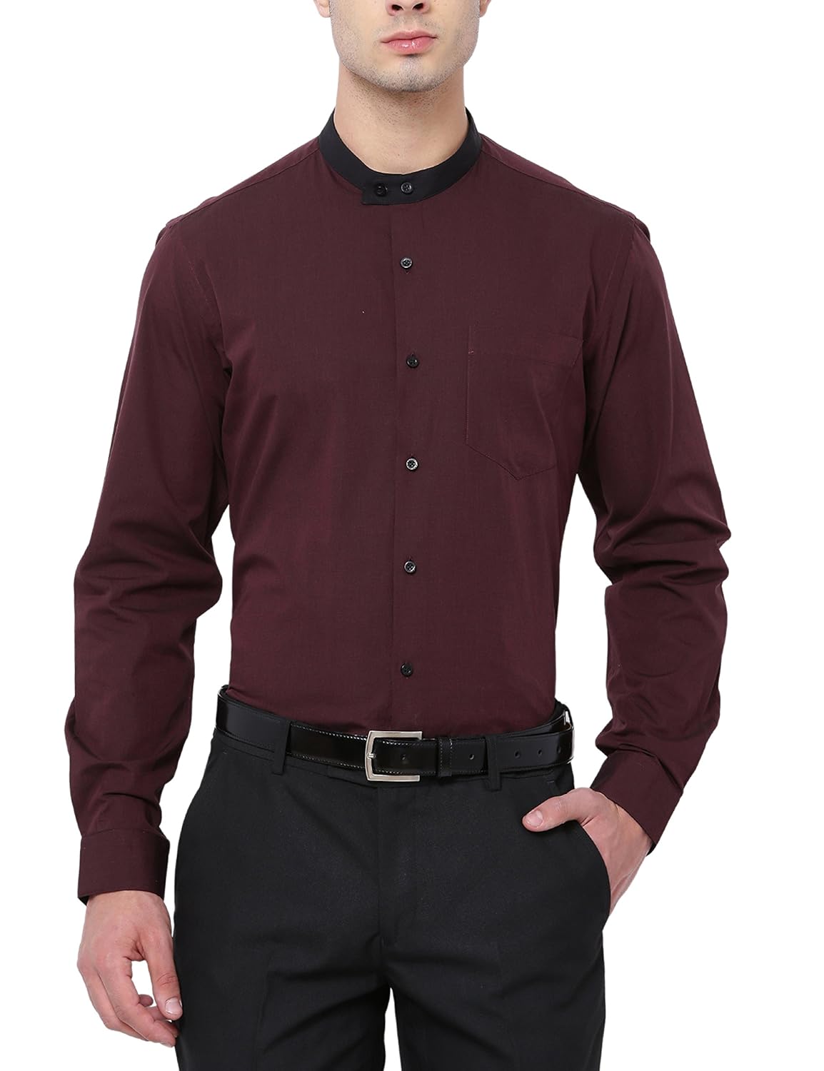 black jeans with maroon shirt