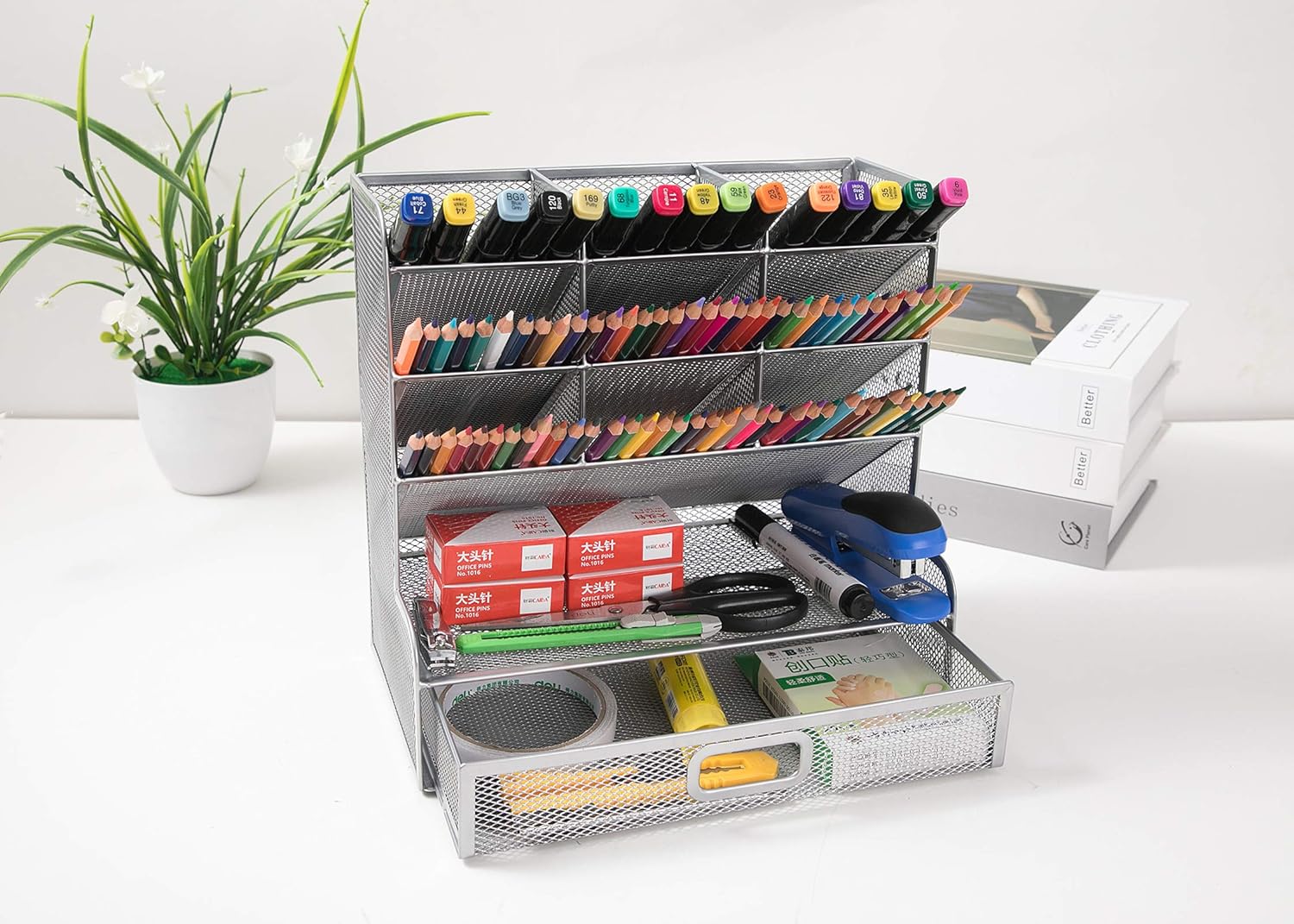 Cmonie Multi-Functional Mesh Desk Organizer Pen Holder, Pen Organizer for Desk, 10 Compartments Desktop Stationary Organizer, Storage Rack for School Home Office Art Supplies (Sliver) : Office Products
