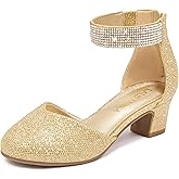 LAURMOSA Girls Dress Shoes with Rhinestone Ankle Strap Closed Toe High Heels for Little Big Kids Wedding Party
