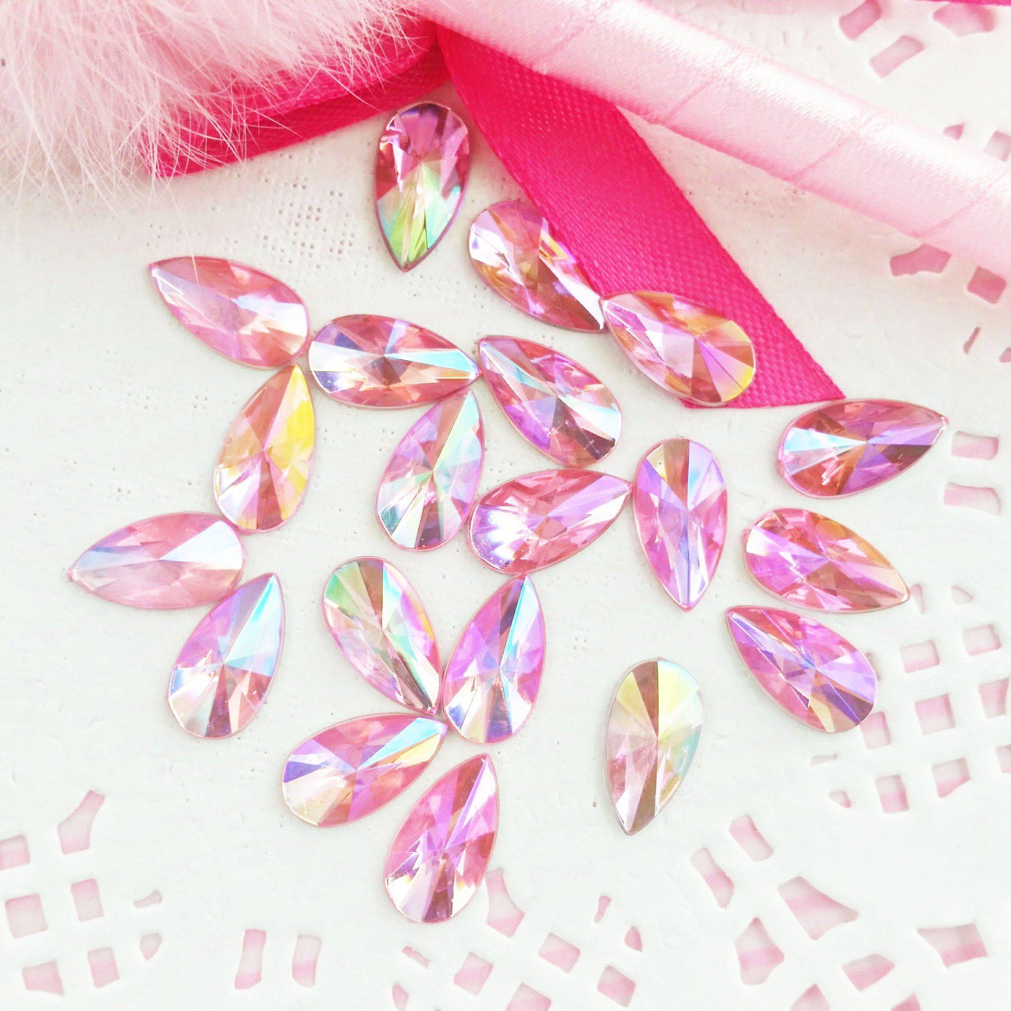 30 pcs 8x13mm Teardrop Light Pink AB Acrylic Special Effect Rhinestone