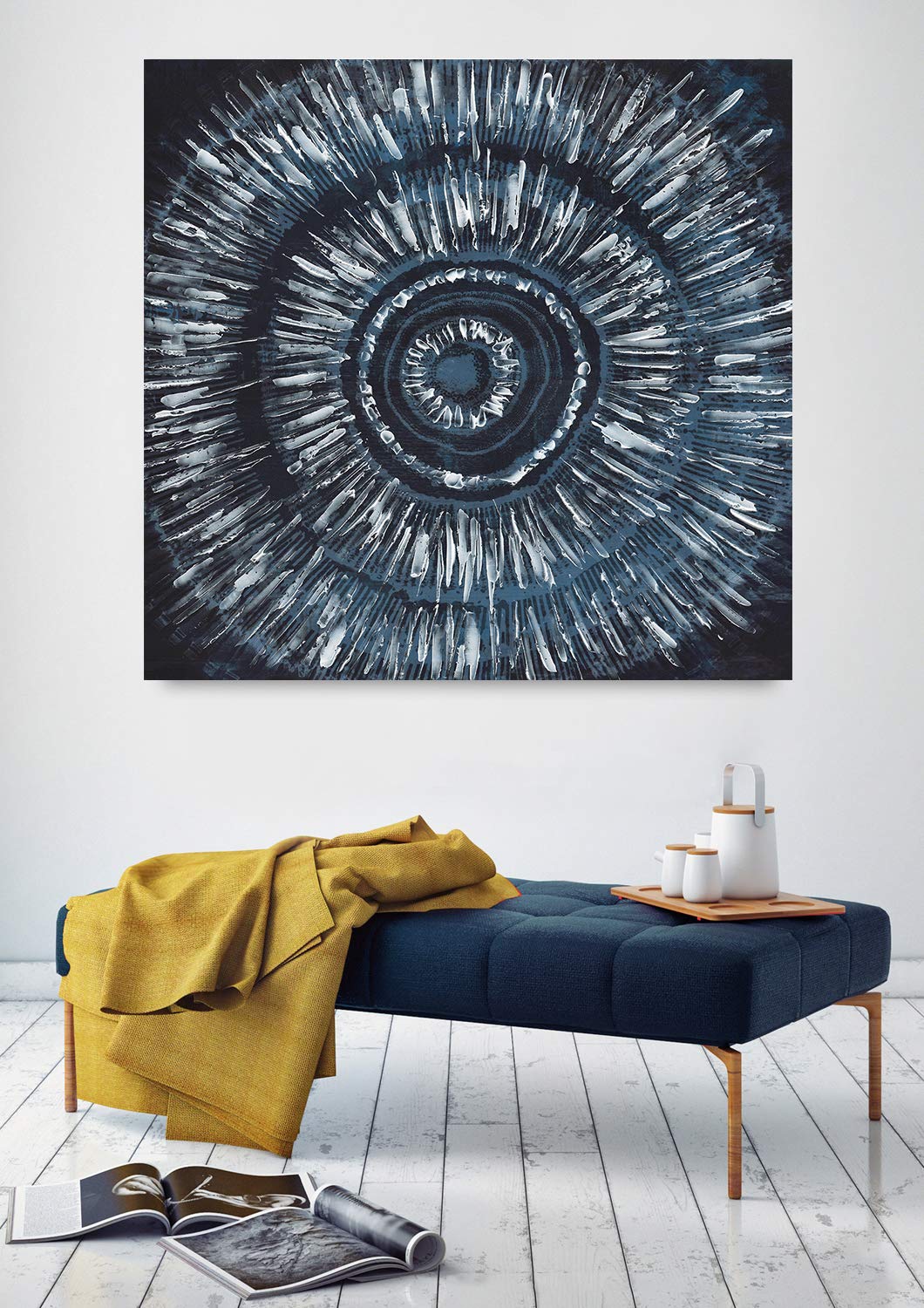 Fox Art Abstract Paintings Wall Art Global Geometric Illusion Navy Blue Canvas Prints with Silver Metallic Foil Hand Painted Canvas for Living Room Bedroom Stretched and Framed Ready to Hang 32x32Inch