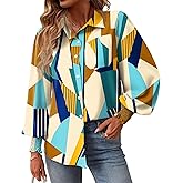 Rapbin Womens Oversized Print Button Down Shirts Dressy Casual Smocked Cuffed Long Sleeve Collared Blouses with Pocket