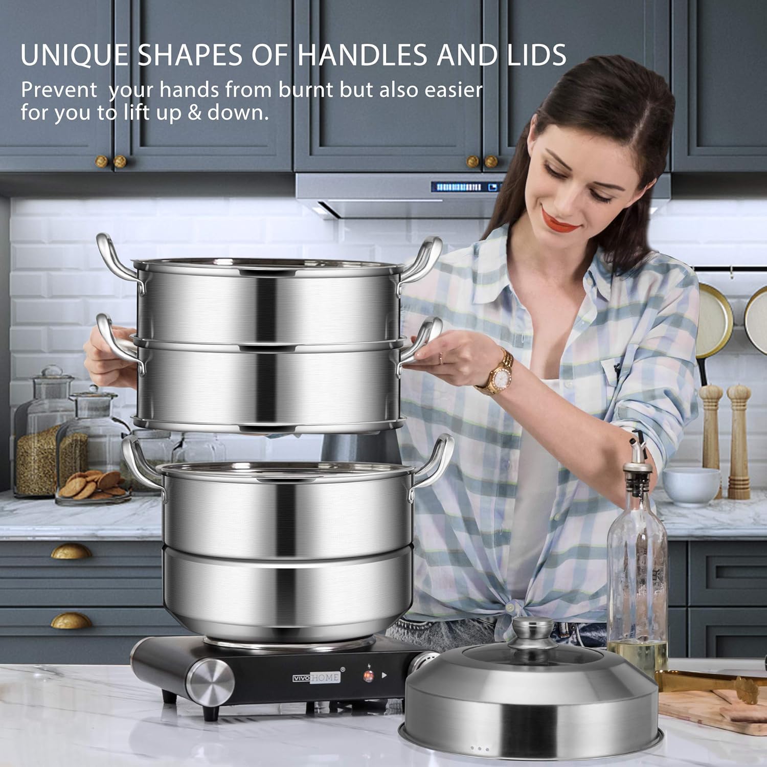 VIVOHOME 3-Tier 14.2 Inch 1mm Extra Thick 13Qt 304 Stainless Steel Steamer Pot Steaming Cookware with Tempered Glass Lid, Work with Gas, Electric, Induction Oven, Grill Stove Top, Dishwasher Safe: Kitchen & Dining