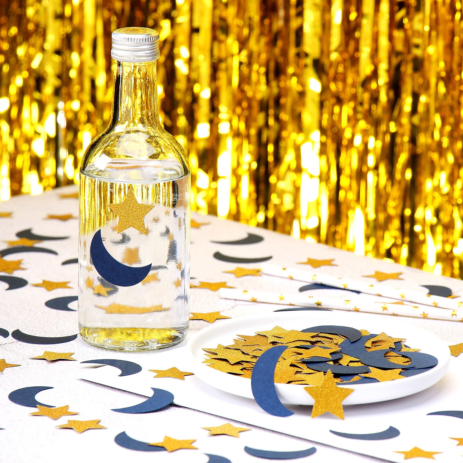 Navy-Blue Moon Gold Star Confetti - 300pcs Glitter Twinkle Little Star Table Confetti Eid Ramadan Mubarak Decoration Birthday Wedding Baby Shower Party Decor Lasting Surprise