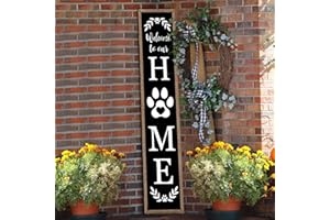 FLOWTORELY Welcome To Our Home Sign For Front Porch Standing 45"X9" Wooden Framed Dog Paw Welcome Print Large Farmhouse Rustic Long Outdoor Tall Vertical Home Front Door Wall Decor (Wood Black)