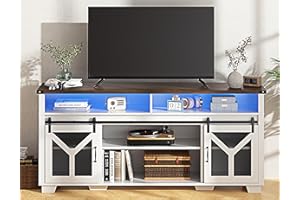 Decofy Farmhouse TV Stand for 55 65 75 Inch TVs, Entertainment Center with LED Light, Storage Cabinets, Sliding Barn Doors and Adjustable Shelf, Media TV Console TV Stand Table for Living Room (White)