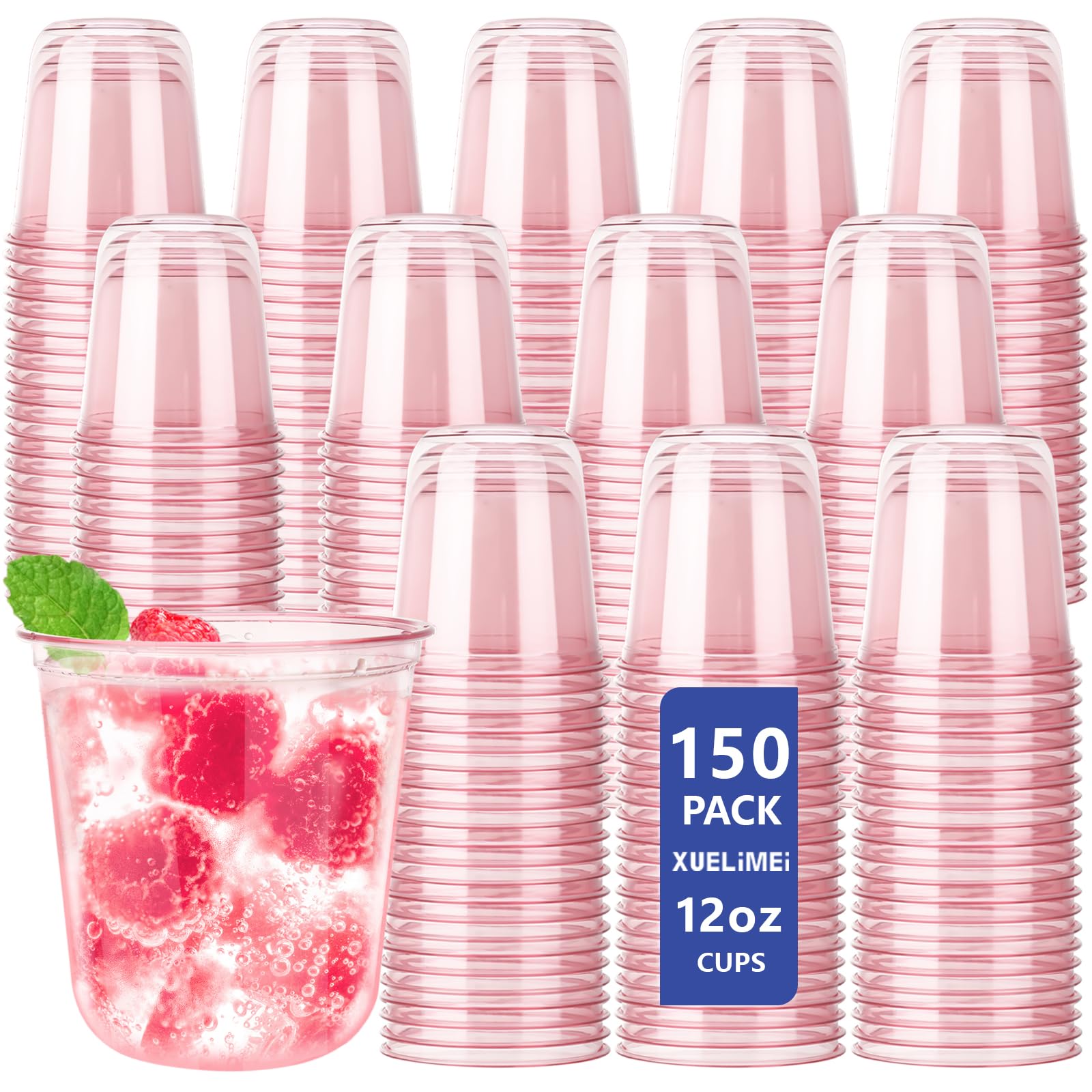 Photo 1 of Xuelimei 12oz Disposable Stemless Glasses,PET Disposable Drinking Cups,Cold Party Clear Plastic Wine Glasses for Parties Birthday,Wedding,Meeting,Christmas Party Supplies. (150, Pink)
