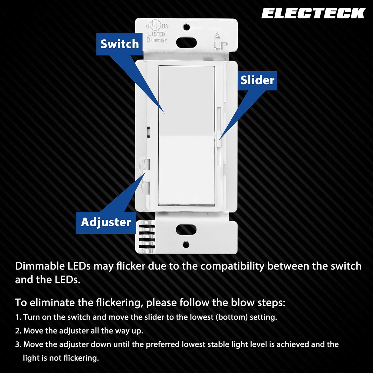 4 Pack - ELECTECK Single Pole/3 Way Dimmer Light Switch for Dimmable LED/Halogen/Incandescent Bulbs, Universal Lighting Control, Screwless Wallplate, UL Listed, White: Industrial & Scientific