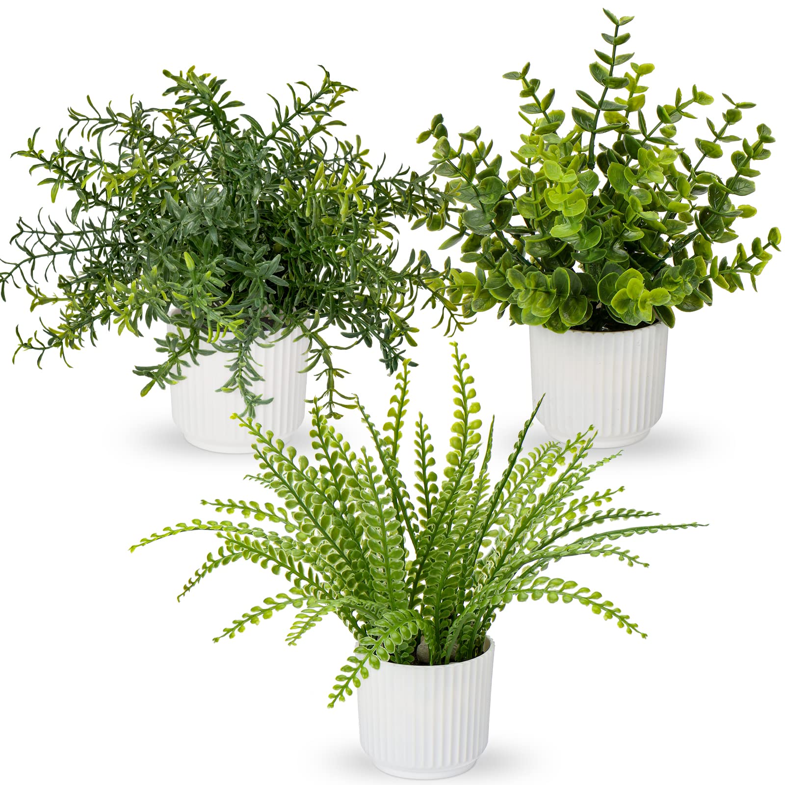 Oairse Small Artificial Plant Set of 3 Fake Plants Potted Mini Artificial Plants Indoor Faux Boston Fern Eucalyptus Rosemary Decorative House Plant for Home Bathroom Office Shelf Desk Decor