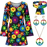 SATINIOR 4 Pcs 70s 80s Women Hippie Costume Set Disco Outfit Headband Peace Sign Earring Necklace 70s Outfits for Women