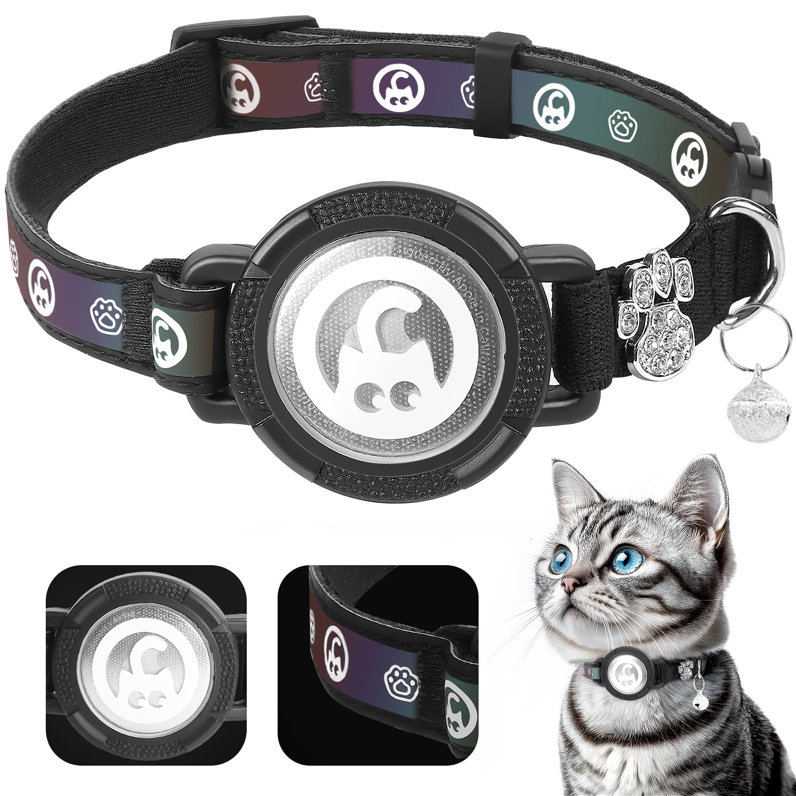 PALAMEDE for Airtag Cat Collar | Waterproof Cat Collar Airtag Holder - Breakaway Cat Airtag Collar with Bells, Cute Diamond Paw, Reflective, Lightweight GPS Collar for Cat, Kitten Black, XS(19-22CM)