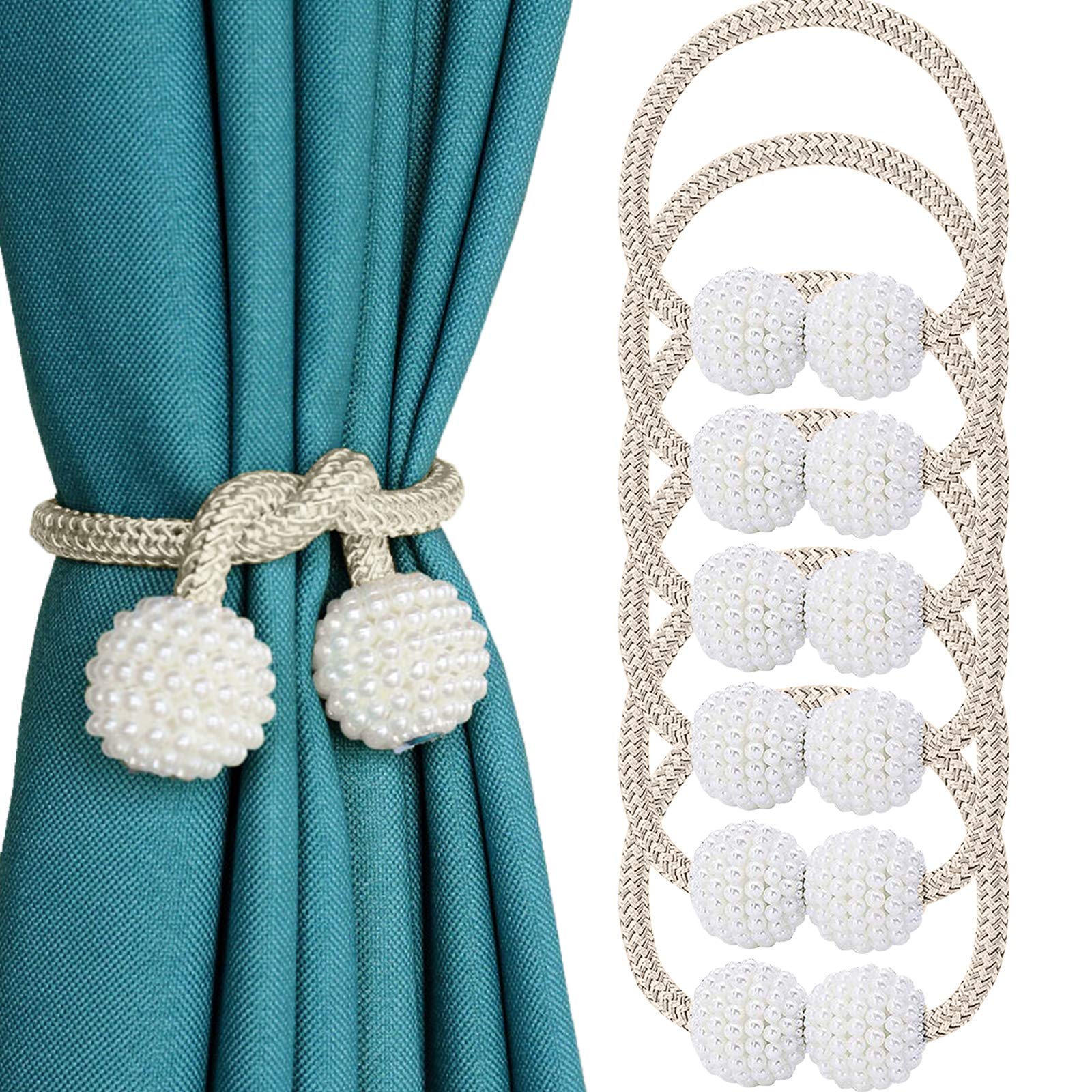 VEGCOO Magnetic Curtain Tiebacks Convenient Drape Tie Backs (6 Pack) - Pearl Decorative Rope Holdback Holder for Home, Office, Hotel Window Decoration, Pretty and Fashion (Beige)
