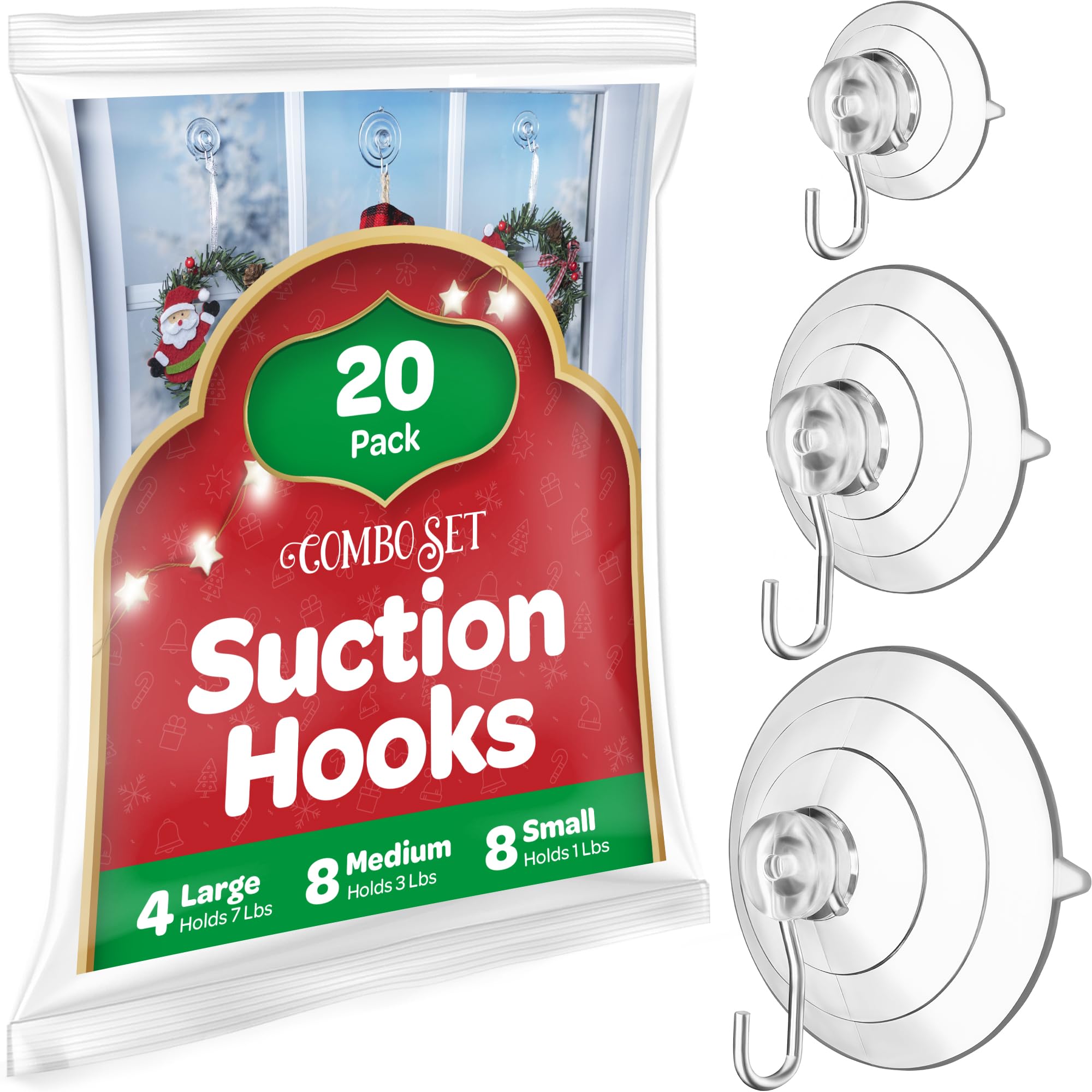 SEWANTA All-Purpose Suction Cup Hooks [20PK Combo Set] Powerful Window Suction Cups with Hooks Use to Hang On Glass, Windows, Doors, Mirrors, Tiles. Set Includes: 4 Large, 8 Medium, 8 Small