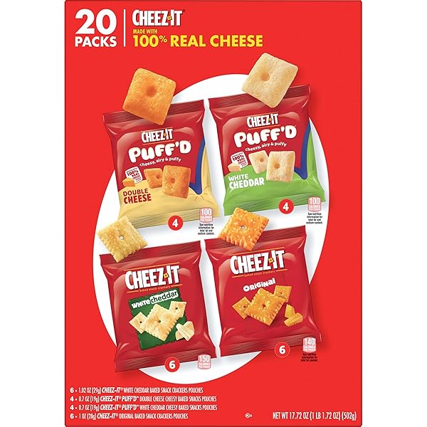 CHEEZ-IT CHEESE CRACKERS, BAKED SNACK CRACKERS, OFFICE AND KIDS SNACKS, VARIETY PACK, 17.72OZ BOX (20 POUCHES)