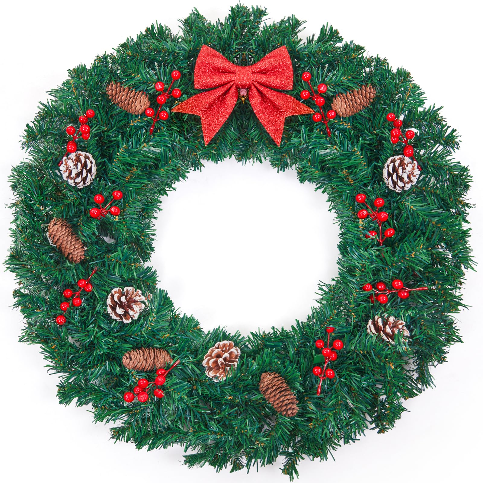 Photo 1 of 24 Inch Christmas Wreath for Front Door - Farmhouse Holiday Decor for Indoors and Outdoors, No Light