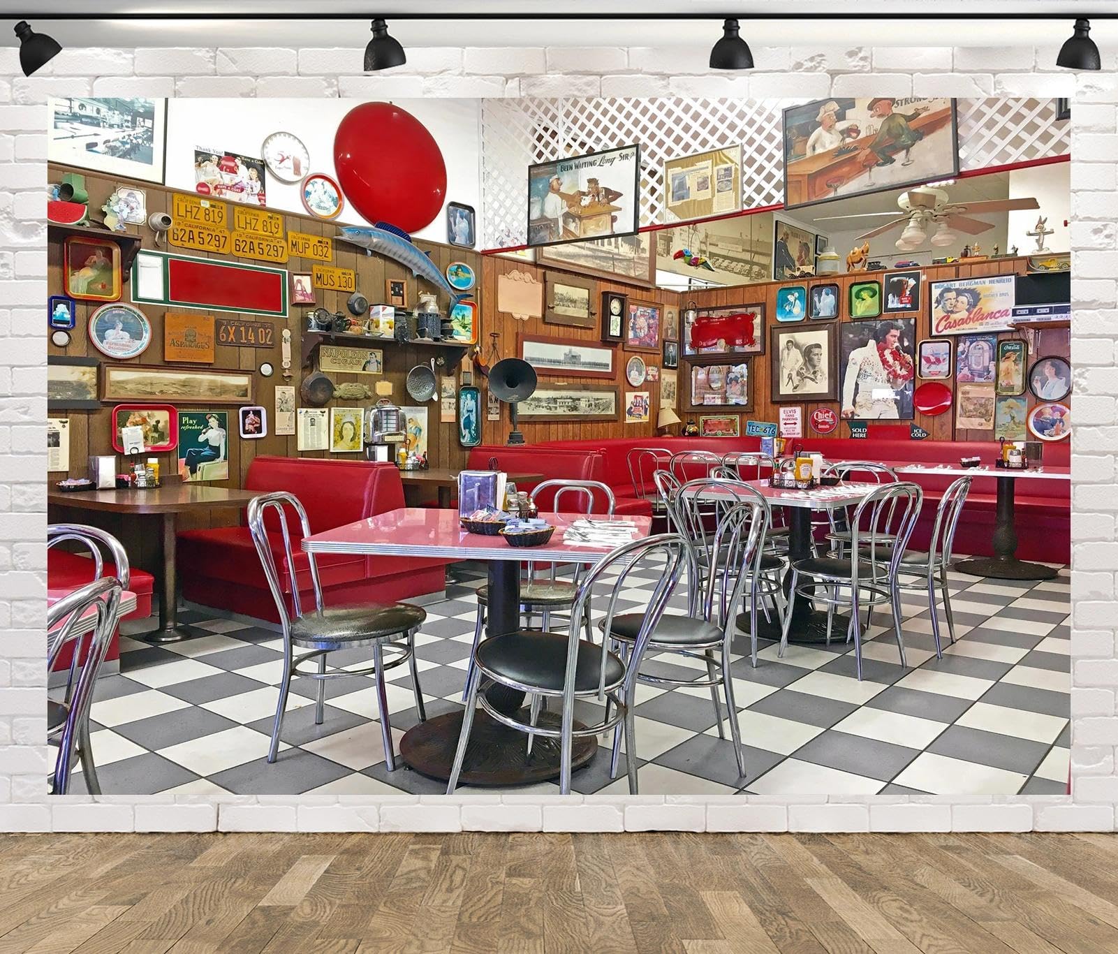 BELECO 2.1x1.5m Fabric Retro 50s Diner Restaurant Backdrop Classic 1950s Soda Shop Meal Time Local Diner with Wall of American Memorabilia Dinner Time Background for Party Decorations Studio Photo