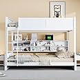 XD Designs Wood Bunk Bed Full XL Over Queen Size with Built-in Storage Cabinets and USB Ports, Versatile Bunk Bed Frame with Ladder and Guardrail for Kids Teens Adult, Maximize Space (White-F-Q)