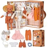 Golray Portable Dress Up Plush Doll Set with Storage Case, Cat &amp; Dog Stuffed Animal Toys, Doll Clothes with Wooden Hangers &amp; Suitcase Wardrobe Travel-Ready Toy Organizer, Gifts for Girls Ages 3+