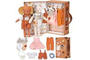 Golray Portable Dress Up Plush Doll Set with Storage Case, Cat & Dog Stuffed Animal Toys, Doll Clothes with Wooden Hangers & Suitcase Wardrobe Travel-Ready Toy Organizer, Gifts for Girls Ages 3+