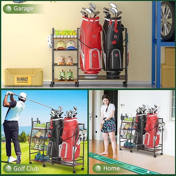 GOLF BAG STORAGE RACK FOR GARAGE WITH WHEELS, ORGANIZER FOR 2 GOLF BAG AND EQUIPMENT ACCESSORIES, GOLF ORGANIZER STAND IDEAL FOR HOME, GARAGE, CLUB, SHED, BASEMENT – STURDY AND DURABLE (BLACK)